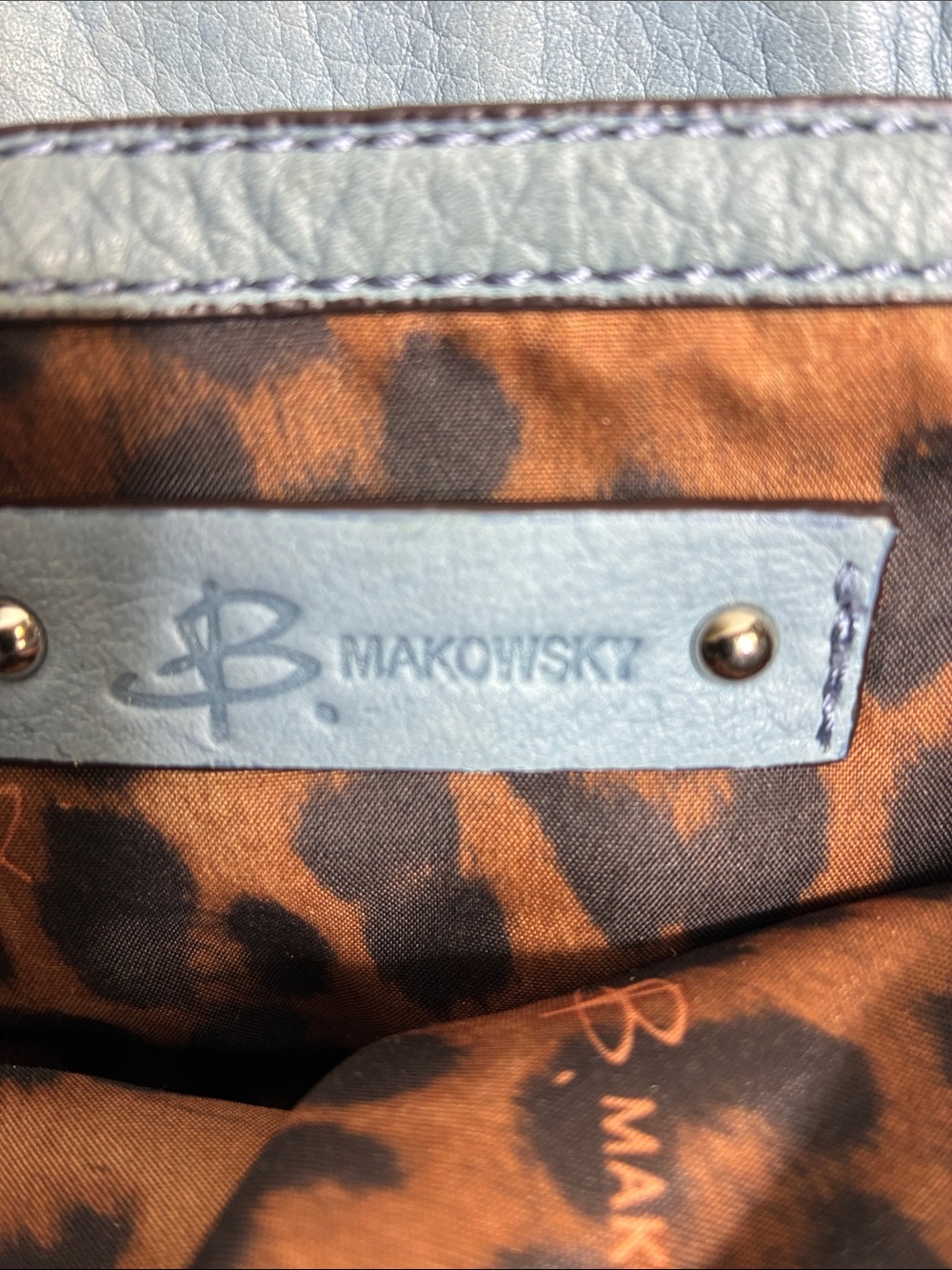b. makowsky Light Blue Leather Shoulder Tote with Dark Wood-Wrapped Handles - Picture 3 of 9